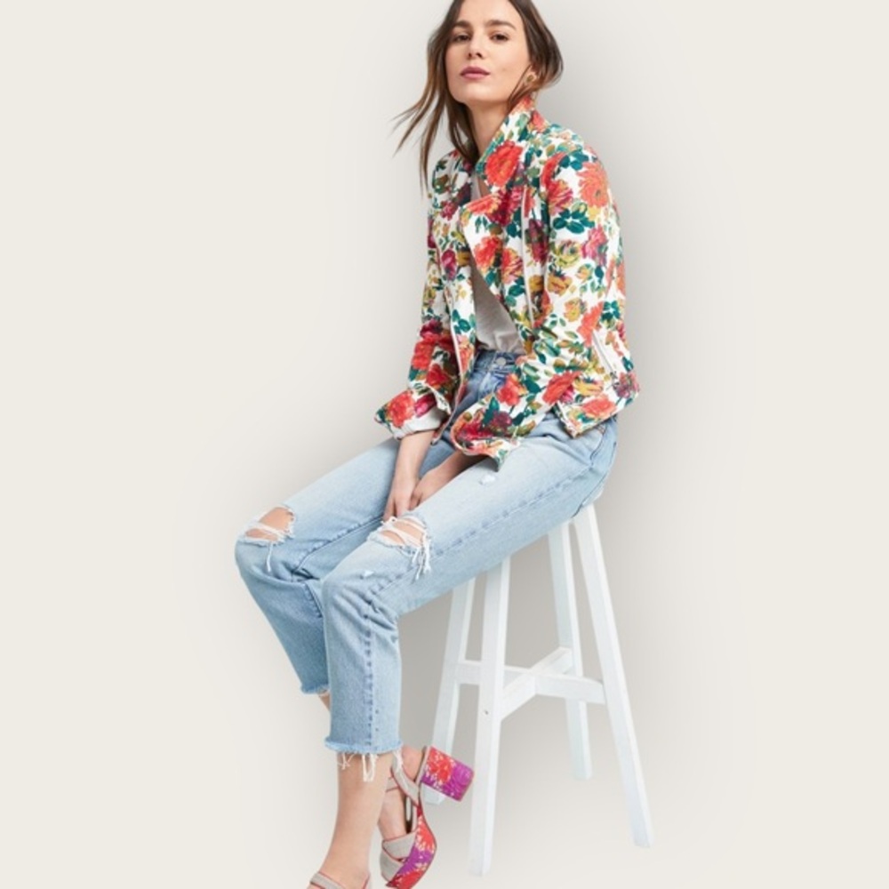 Anthropologie Pilcro Floral Print Moto Denim Jacket Asymmetrical Small
